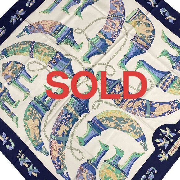 HERMES Carre 90 - Navy Blue White Multi Silk Scarf 226-072325 - Picture 1 of 7